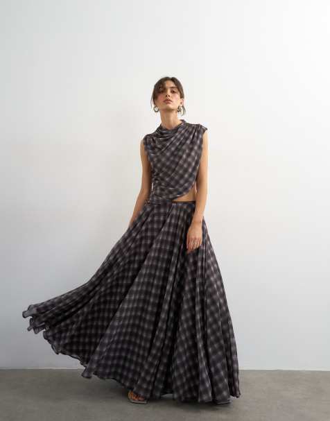 Topshop drape ruched side detail top in purple check print (part of a set) - view 1