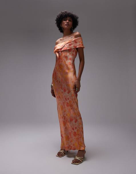 Topshop drape shoulder maxi occasion dress in blurred orange floral - view 1