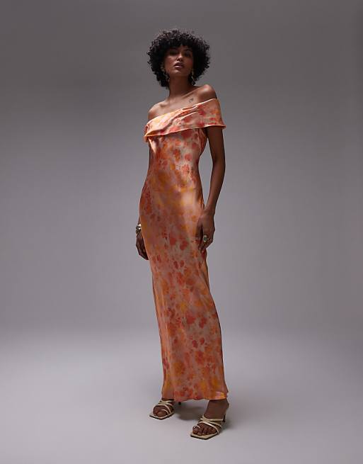 orange off the shoulder maxi dress Kaela Brickwork Chiffon 97% Polyester 3% Spandex Style Number RD2011PF Off Shoulder Ruched Solid Color