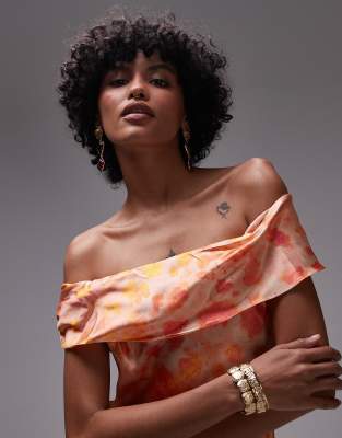Topshop drape shoulder maxi occasion dress in blurred orange floral