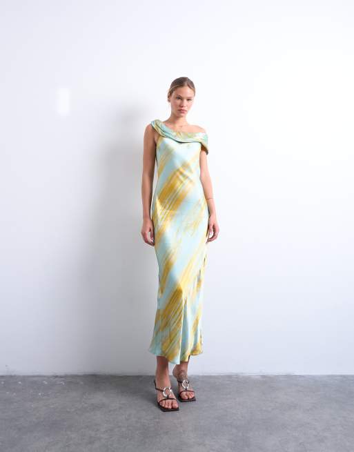 Topshop drape shoulders occasion maxi dress in blurred rust print