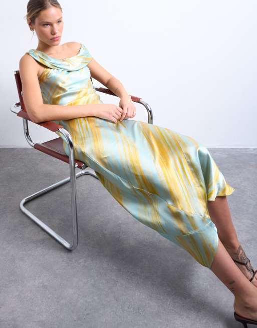 Topshop drape shoulders occasion maxi dress in blurred rust print