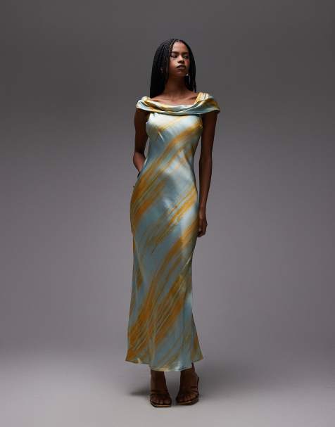 Topshop drape shoulders occasion maxi dress in blurred rust print - view 1