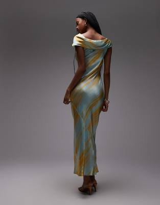 Topshop drape shoulders occasion maxi dress in blurred rust print