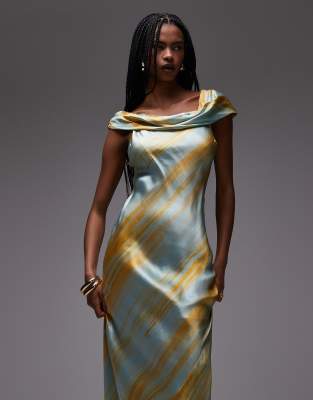 Topshop drape shoulders occasion maxi dress in blurred rust print