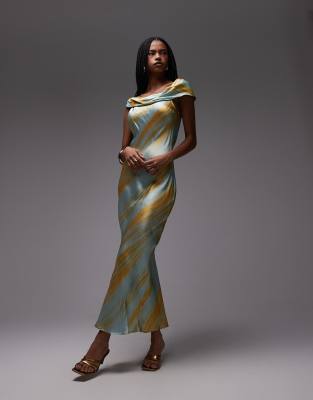 Topshop drape shoulders occasion maxi dress in blurred rust print