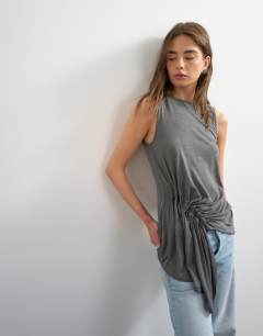 Drape side detail tank top in charcoal marl