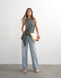 Model wearing Drape side detail tank top in charcoal marl