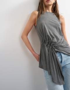 Model wearing Drape side detail tank top in charcoal marl