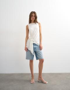 Model wearing Drape side detail tank top in white