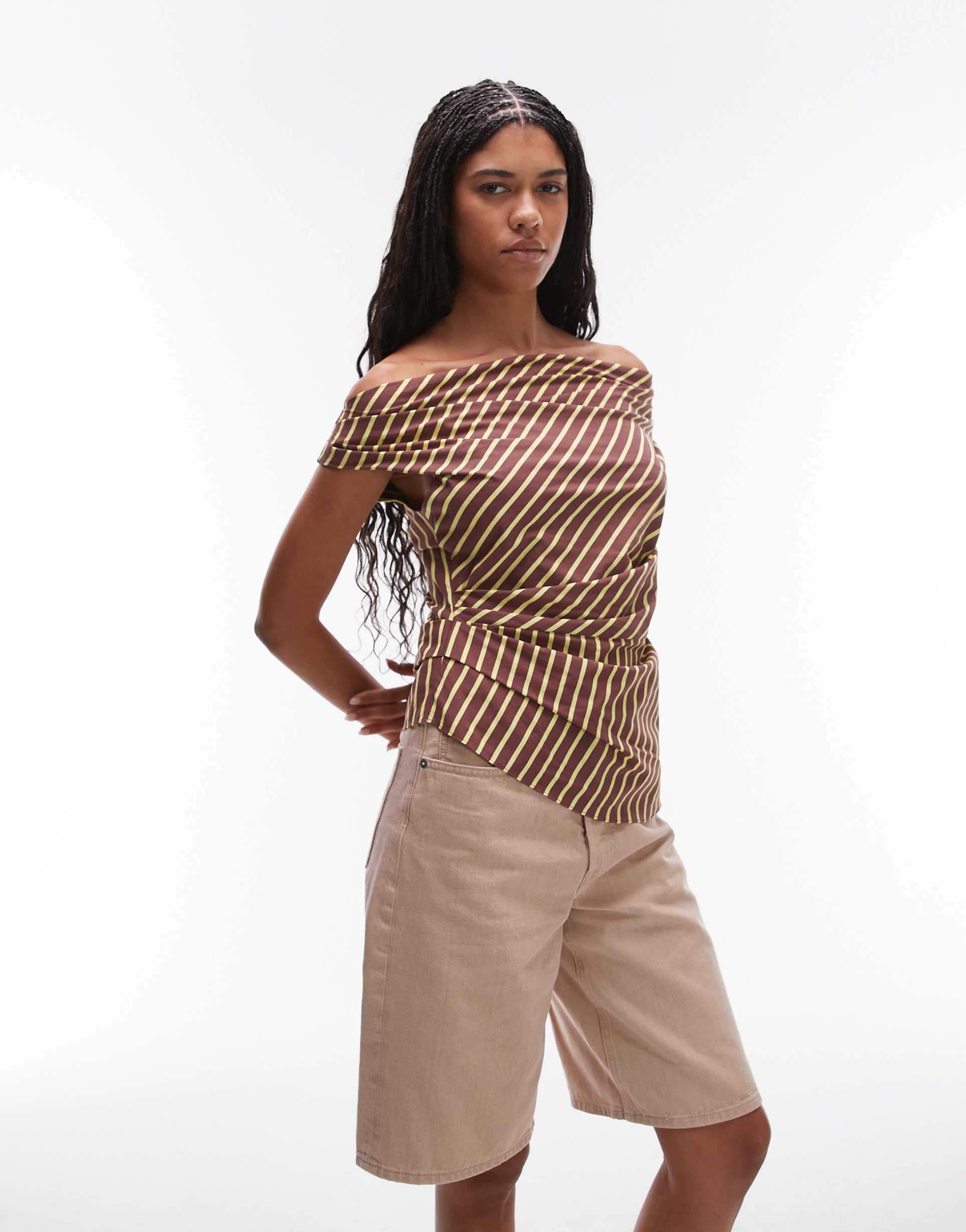 topshop drape tucked top in lime and chocolate stripe