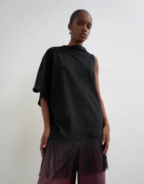 Topshop draped asymmetric fringe detail top in black - view 1