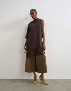 Draped asymmetric fringe detail top in chocolate
