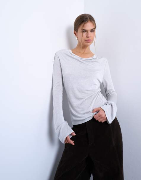Topshop draped cowl long sleeve top in grey