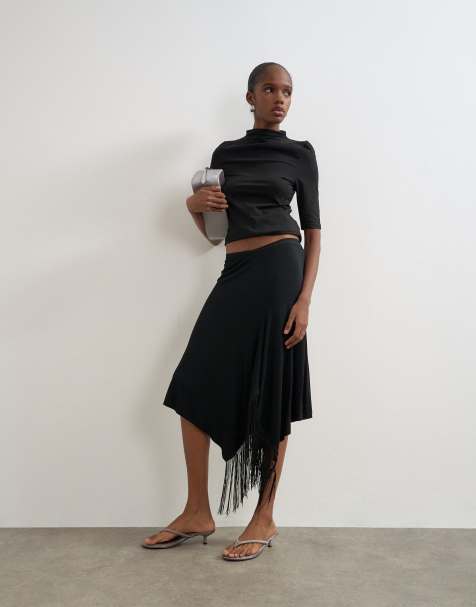Topshop draped detail fringe skirt in black