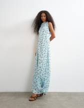 Topshop draped hem chiffon midi occasion dress in blue and chocolate polka dot print