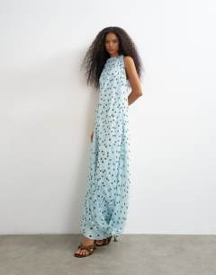 Draped hem chiffon midi occasion dress in blue and chocolate polka dot print