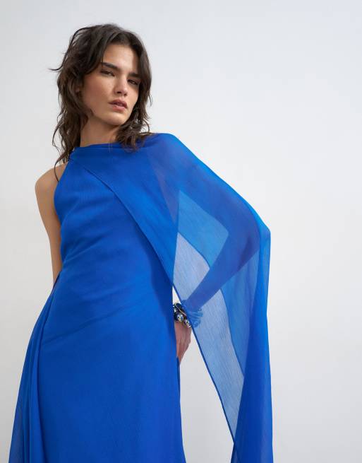 Topshop draped hem chiffon midi occasion dress in cobalt, 4 of 4