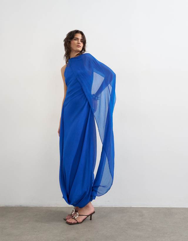 chiffon cobalt blue dress Topshop draped hem occasion midaxi in Neckline: V-Neck Buy Roman Blue Button Neck Size:14.5 from shoulder to hem