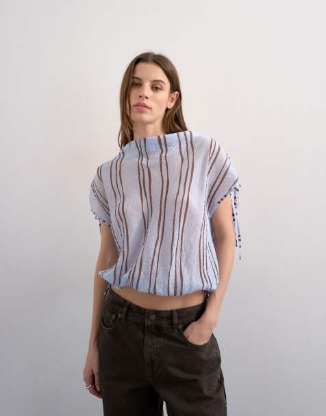 Topshop draped high neck top with tie in blue stripe