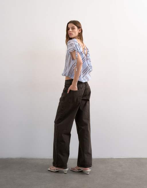 Topshop draped high neck top with tie in blue stripe, 2 of 4