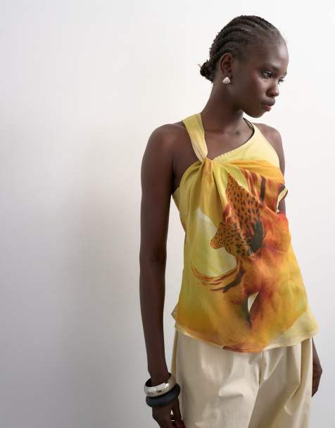 Topshop draped knot shoulder detail top in large yellow floral - view 1