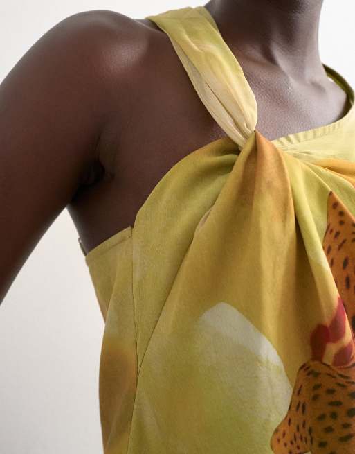 Topshop draped knot shoulder detail top in large yellow floral, 4 of 4