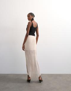 Model wearing Draped pleated fabric maxi skirt in ivory