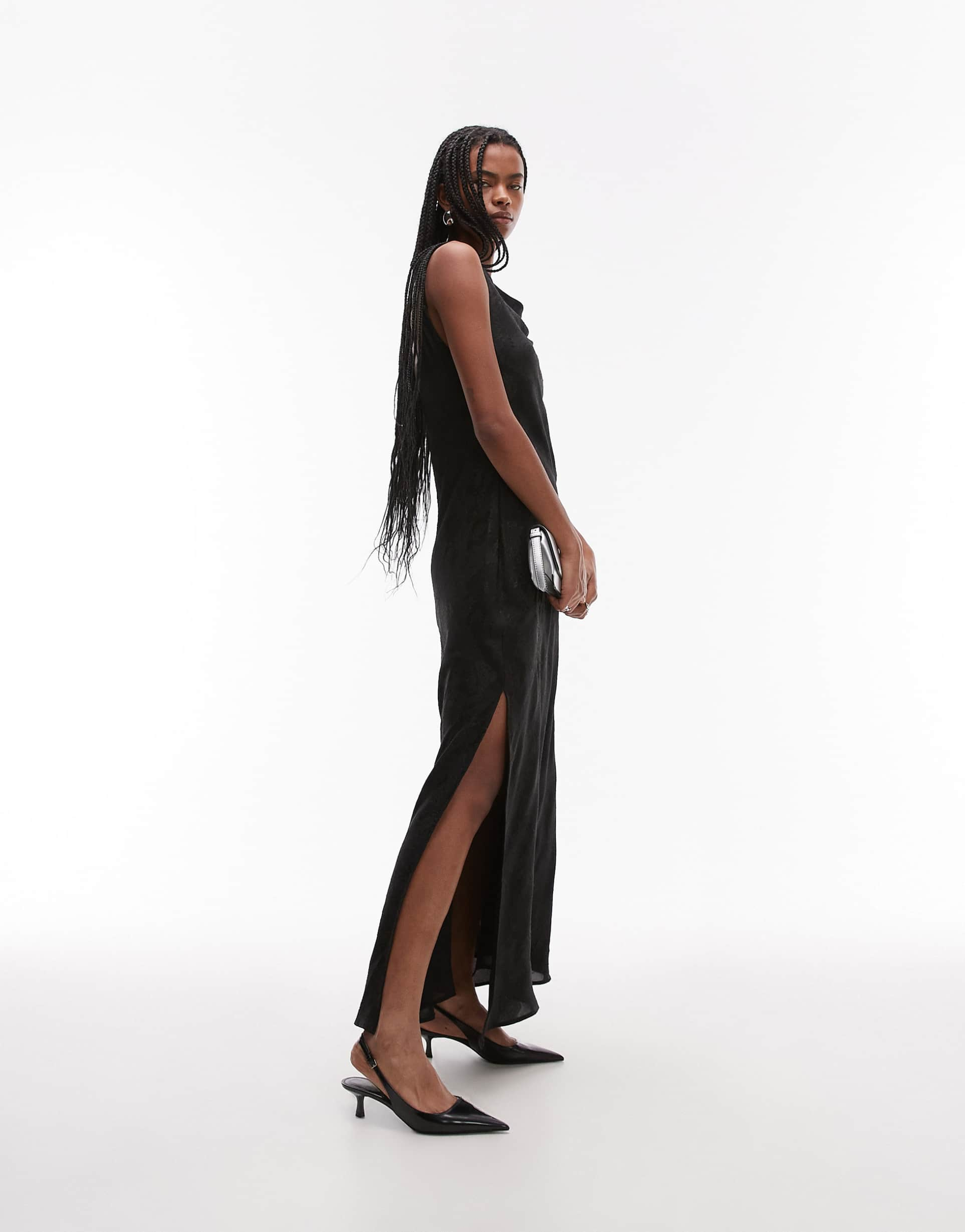 topshop draped side maxi dress in black blownout jacquard