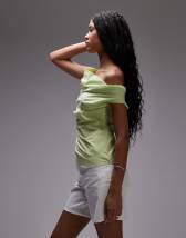 Topshop asymmetric slash neck long sleeve top in yellow