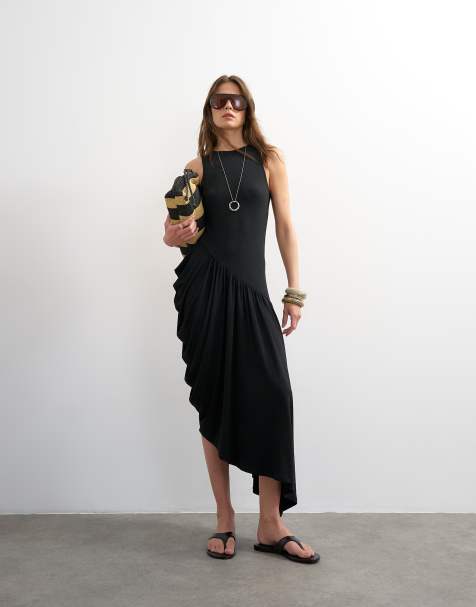 Topshop draped viscose bubble hem racer neck maxi dress in black - view 1