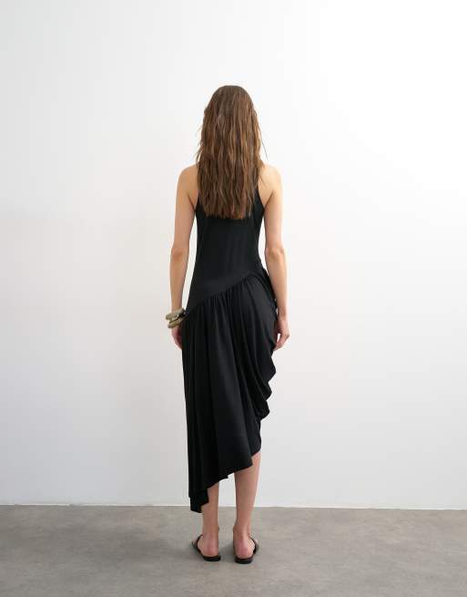 Topshop draped viscose bubble hem racer neck maxi dress in black, 3 of 4