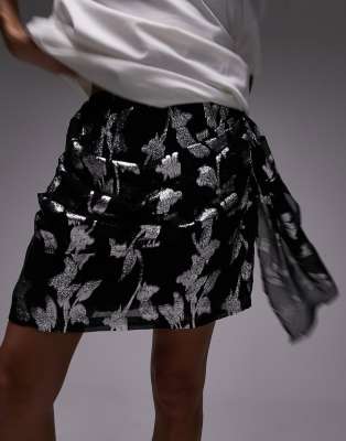 Topshop - Drapierter Jacquard-Minirock in Silber