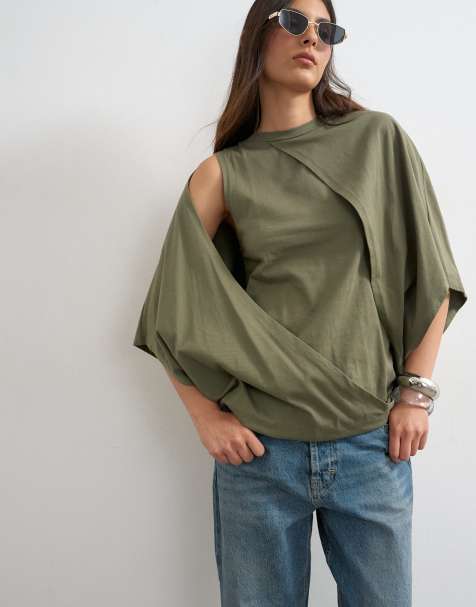 Topshop – Drapiertes Cape-T-Shirt in Khaki - view 1