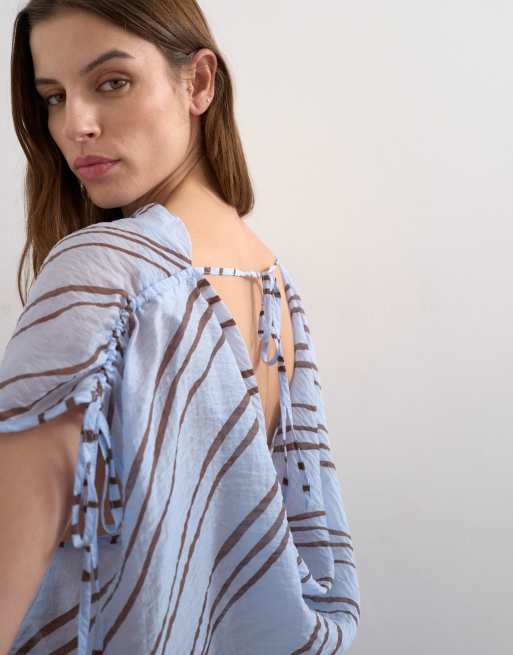 Topshop – Drapiertes, hochgeschlossenes Oberteil in Blau gestreift mit Bindedetail, 3 von 4