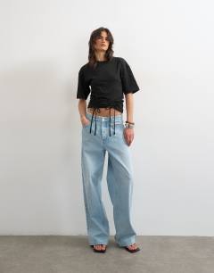 Model wearing Drawcord detail t-shirt in black