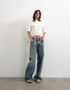 Model wearing Drawcord detail t-shirt in ivory