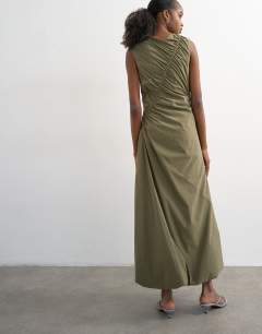 Model wearing Drawcord detail tech fabric balloon maxi dress in khaki