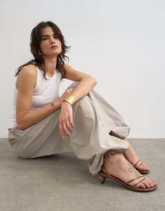 Model wearing Drawcord tech fabric balloon trousers in slate