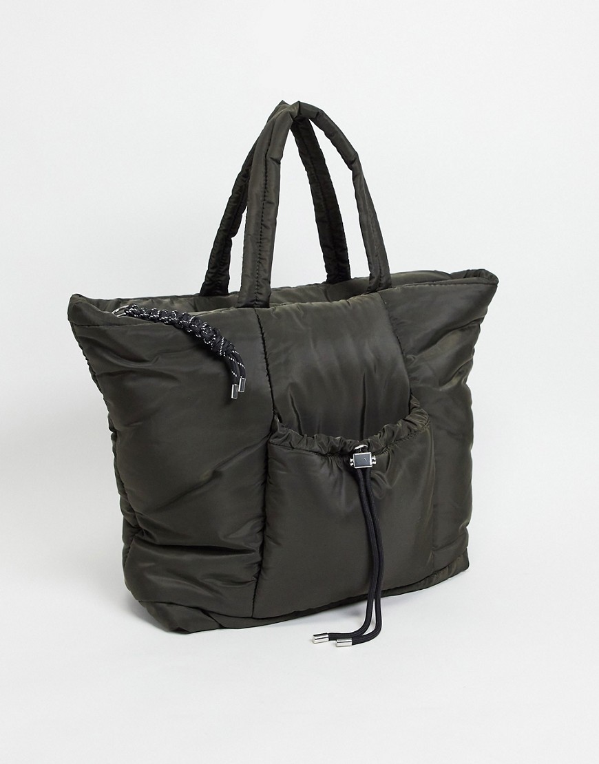 Topshop drawstring detail nylon tote bag in black-Green