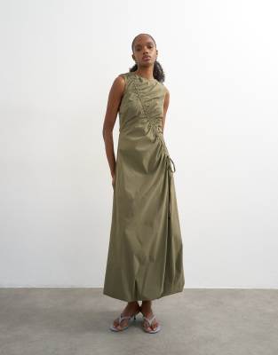 Topshop Drawstring Detail Performance Fabric Balloon Maxi Dress In Green