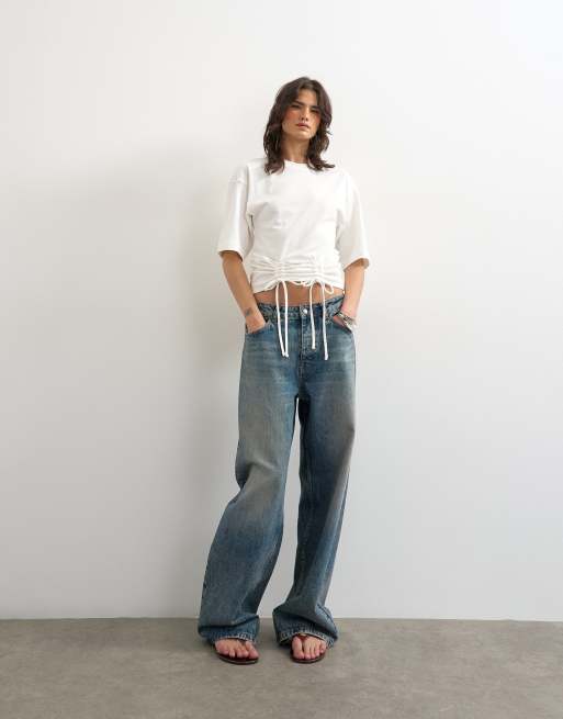 Topshop drawstring detail T-shirt in ivory, 4 of 4