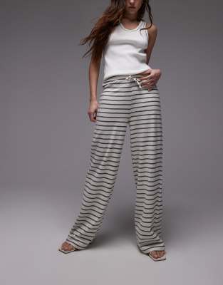 Topshop Drawstring Stripe Wide Leg Pants In White