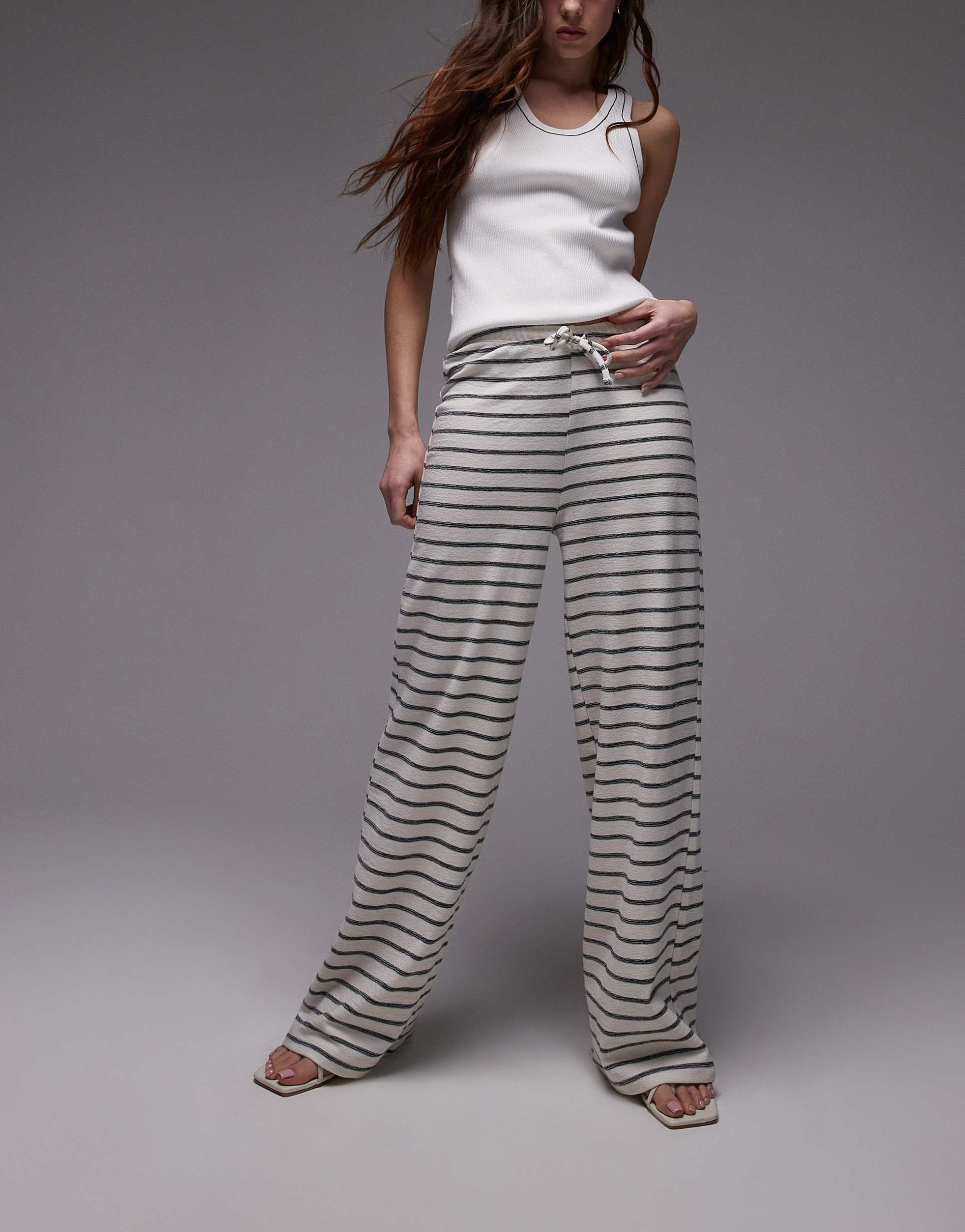 topshop drawstring stripe wide leg pants in ecru