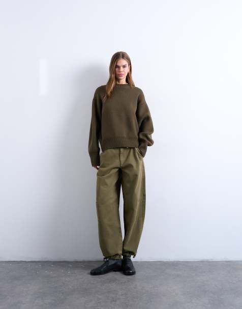 Topshop drawstring waist balloon pants in khaki - view 1