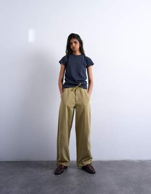 Topshop drawstring waist balloon trousers in sand-Neutral