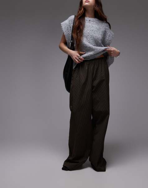 Topshop drawstring waist relaxed trouser in brown stripe - view 1