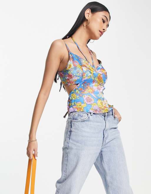 Topshop - Dreamy - Canottiera con fascette e cut-out a fiori multicolore