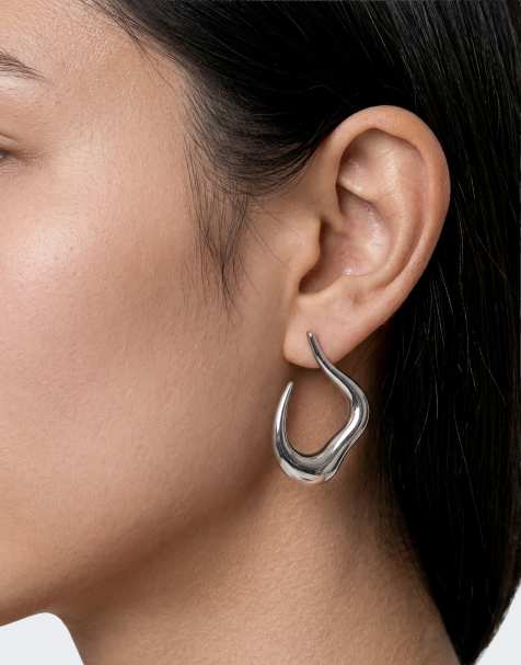 Topshop Drew waterproof asymmetric hoop earrings in silver - view 1