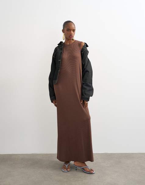 Topshop drop armhole rib maxi dress in chocolate brown